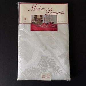 Christmas Tablecloth Fabric Rectangle 60" X 104" Pointsettia Ivory Brownstone - Picture 1 of 4