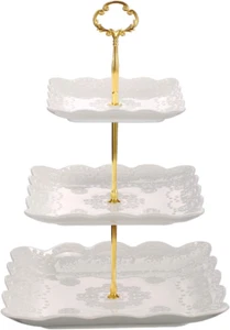Sumerflos 3 Tier Porcelain Cupcake Stand, Tiered Serving Cake Stand, Square - Picture 1 of 12