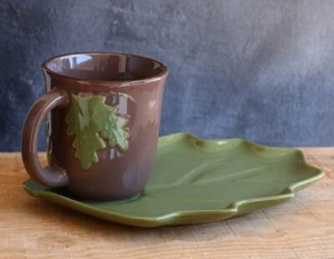 Fall Decor Leaf Shaped Plate and Mug Set Harvest Dishes Brown & Green Tag - Picture 1 of 4