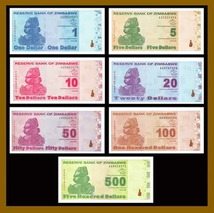 Zimbabwe 1 5 10 20 50 100 500 Dollars (7 Pcs Set), 2009 Revised Trillion Unc - Picture 1 of 8