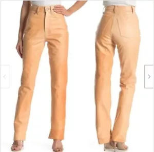 Helmut Lang Lambskin Leather Pants Peach High Waist Bootcut Womens NWT SZ 24 - Picture 1 of 10