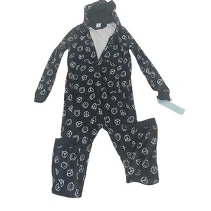 Girls Pajamas Zip-Front Hooded No-Feet Smiley Peace Sign Design Black Sz XL (16) - Picture 1 of 11