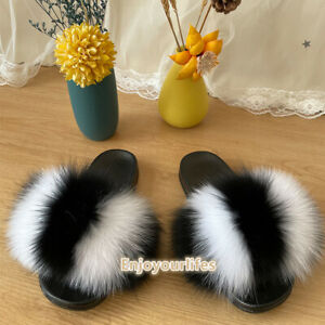 2024 New Style Women's Real Fox Fur Slides Furry Slipper Summer Sandals Shoes