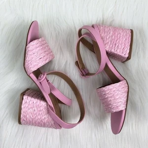 Bamboo Maddy Braided Raffia Open Toe Buckle Strap Block Heel Sandals Pink Sz 10 - Picture 1 of 11