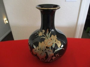 Black Floral Vase Gold Trim 8" made in Japan - Picture 1 of 8