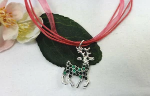 HIRSCH DIRNDL KETTE HALSKETTE STRASS ORGANZA SILBER BAND ANHÄNGER PINK ROSA - Bild 1 von 11