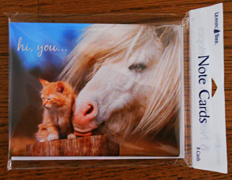 8 Leanin Tree Cards Blank Inside, HI YOU, CUTE HORSE & KITTEN on/by FENCE POST - Image 1 of 1