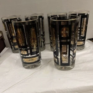 Mid Century Modern Vintage Jeannette Gold Atomic Starburst Tall Glass Set Of 6 - Picture 1 of 8