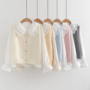 Chaleco tejido japonés cuello solapa camisa traje de dos piezas mujer chaleco chaleco chaleco  - Imagen 1 de 19