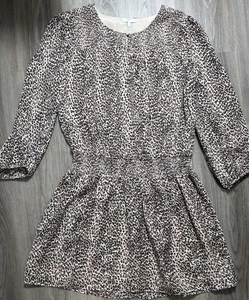 JOIE Leopard Animal Print Smocked Waist Silk Mini Dress Size S Long Sleeve Tan - Picture 1 of 10