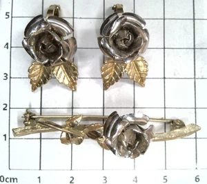 Set Vintage Ohrringe & Anstecknadel gold & silberfarben signiert Rose & Blatt - Bild 1 von 3