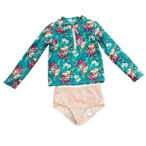 Ruffle Butts Girls Size 5 Rash Guard Set Aqua Floral UPF 50+ Swim Top & Bottoms - Picture 1 of 5