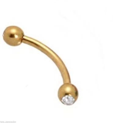 Eyebrow Rook Curve Gold IP w/Clear Gem 3mm Balls 16 Gauge 3/8" Barbell  - Image 1 of 3