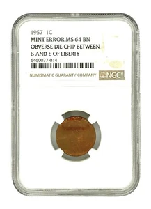 1957 1 C Wheat Penny Mint Error ￼MS 64 BN NGC Certified - Picture 1 of 4