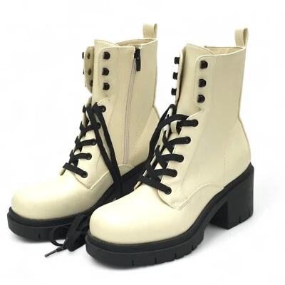 Women's Juna Ivory Lace Up Boots Nine West Chunky Block Heel Rounded Toe New 9 - Image 1 of 4