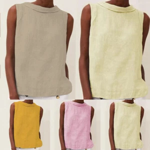 Womens Cotton Linen Sleeveless Tank Top Vest Ladies Loose T-Shirt Cami Blouse US - Picture 1 of 32