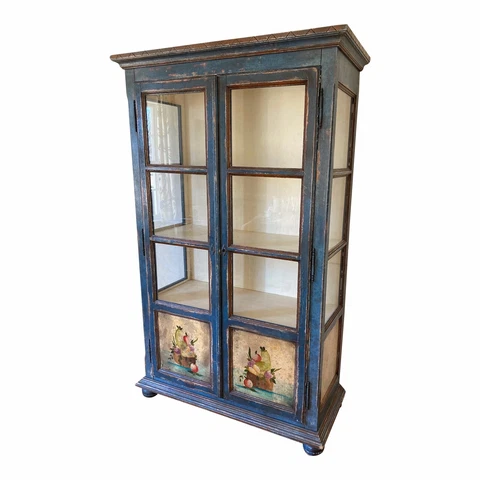 1920s Antique Italian Handprinted Glass Cabinet With Cremone Bolt Cover