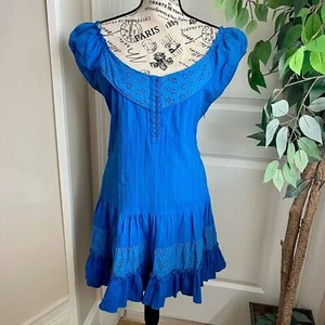 FANG Vintage 2010 Cotton Eyelet Ruffle Boho Mini Dress Blue Sz M - Picture 1 of 16