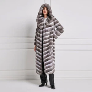 2025Long Winter Luxury Womens Real Rex Rabbit Fur Coats Chinchilla Lapel Outwear - Picture 1 of 5