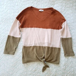 Hayden Los Angeles Womens Colorblock Waffle Knit Tie Front Top Size L - Picture 1 of 6