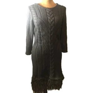 NWT New York & Company Fringe Hem Black Midi Chunky Knit Sweater Dress M - Picture 1 of 12