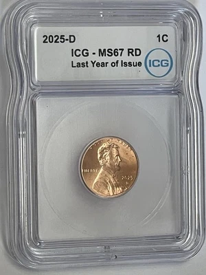 2025-D Lincoln Shield Cent ICG MS67 RD Last Year of Issue Brilliant Gem Free SH - Image 1 of 4