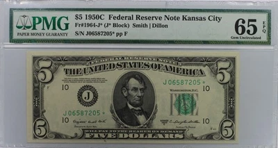 1950c* $5 Kanas City STAR Federal Reserve Note FRN • 1964-J* • PMG 65 EPQ - Image 1 of 2