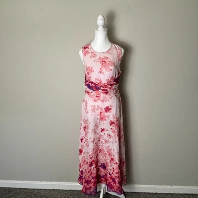 Coldwater Creek Dress Women's 6 Pink Purple Floral Silk Midi Tie Back Fairie - Image 1 of 4