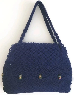 Vintage 70s Macrame Dark Blue Purse w Floral Beads Boho Hippie Festival Bag  - Image 1 of 4