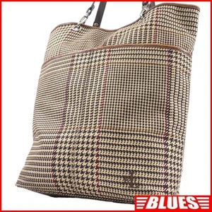 Ralph Lauren Leather Tote Bag Brown Check Houndstooth Used, 10cm Depth - Picture 1 of 10