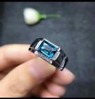 Natural Blue Topaz Gemstone With 14K White Gold Plated Silver Ring for Men's #53