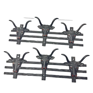 Vintage Rustic Western Longhorn Steer Key Holder Hook Wall Mount Cast Iron Pair - Picture 1 of 2