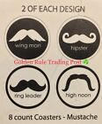 Hipster Mustache Drink Coaster Set, 8 Count, 4 COOL Designs—New in Pkg
