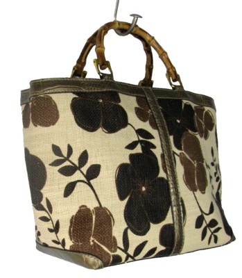复古 Liz Claiborne 疯马托特包 手提包 米色 花卉 竹式手柄 Y2K — 第 1/4 张图片