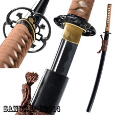 brown leather ito Japanese samurai sword katana 1095 carbon steel iron tsuba