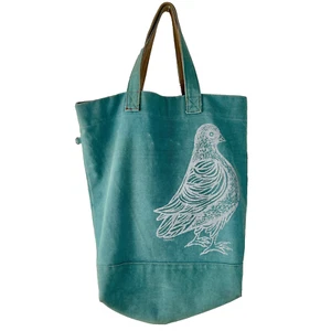 PATCH NYC/Carney Colab West Elm Green Canvas Large Tote Bag Pigeon on Front BOHO - Picture 1 of 15