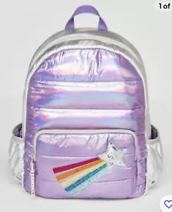 Mädchen geschwollener Metallic Rucksack mit Shooting Star-Katze & Jack lila - neu mit Etikett - Bild 1 von 1