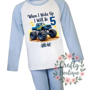 5th Birthday PJs, When I Wake Up Will Be Five, Boys Monster Truck Pajamas - 1394 - Picture 1 of 5