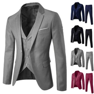 Men's Slim Fit Formal Business Tuxedos Suit Blaze Coat Pants Vest Wedding G2 - Picture 1 of 17