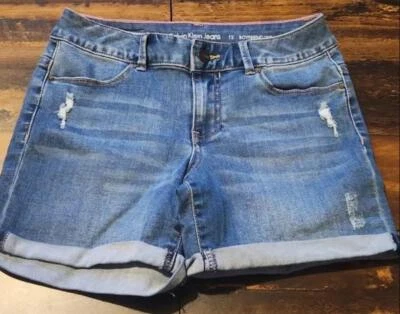 CALVIN KLEIN Blue Denim Girls Sz 12 Stretchy Cuffed Distressed Boyfriend Shorts - Image 1 of 3