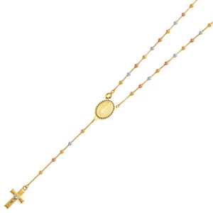 Real 14K Tri Tone Gold Rosary Bead Virgin Mary Cross Jesus Necklace 20'' 2.5MM - Picture 1 of 1
