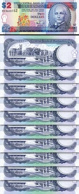 Barbados 2 Dollars, 1998, UNC, 10 Pcs LOT, P-54a - Image 1 of 4