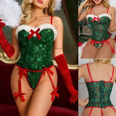 Sexy Conjunto de Navidad para Mujer, Disfraz de Papá Noel Elfo de Navidad, Lencería Liga Sra. Claus Foto 1 de 4
