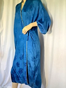 Bata Brocado Azul Vintage Años 20 Asiático Rayón Kimono Chaqueta M Seda Ribete Envoltura Midi - Imagen 1 de 15