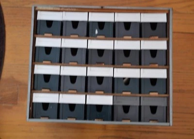 20-Bell & Howell Micro-Fit slide trays in Wood Handmade Storage Box - Image 1 of 4