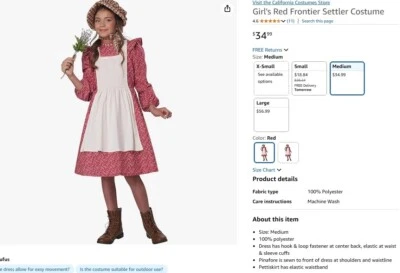 Usado Una Vez, Disfraz de Colono Fronterizo Rojo para Niña Talla MEDIANA Foto 1 de 3