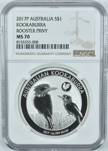2017 P Australia 1 Dollar Silver Kookaburra Rooster Privy MS70 NGC - Picture 1 of 5