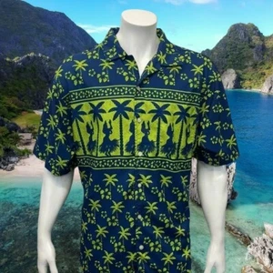 OP Ocean Pacific Hawaiian Hula Girls Dancers Blue Neon Green Magnum PI Shirt LG - Picture 1 of 8