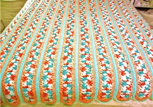 Vintage Floral Stripe Afghan,Wool,Handmade,Coral/Green,Scalloped Edge,71" x 57" - Picture 1 of 2