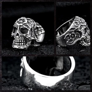 Unisex Rose Flower Skull Ring Domineering Titanium Steel Men Biker Punk Viking - Picture 1 of 4